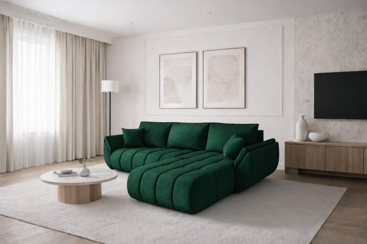 ECKSOFA TOKYO PREMIUM mit Schlaffunktion, Stoff MONOLITH, Grün, Rechts - Grün, Holz (280/190cm) - Kaiser Möbel