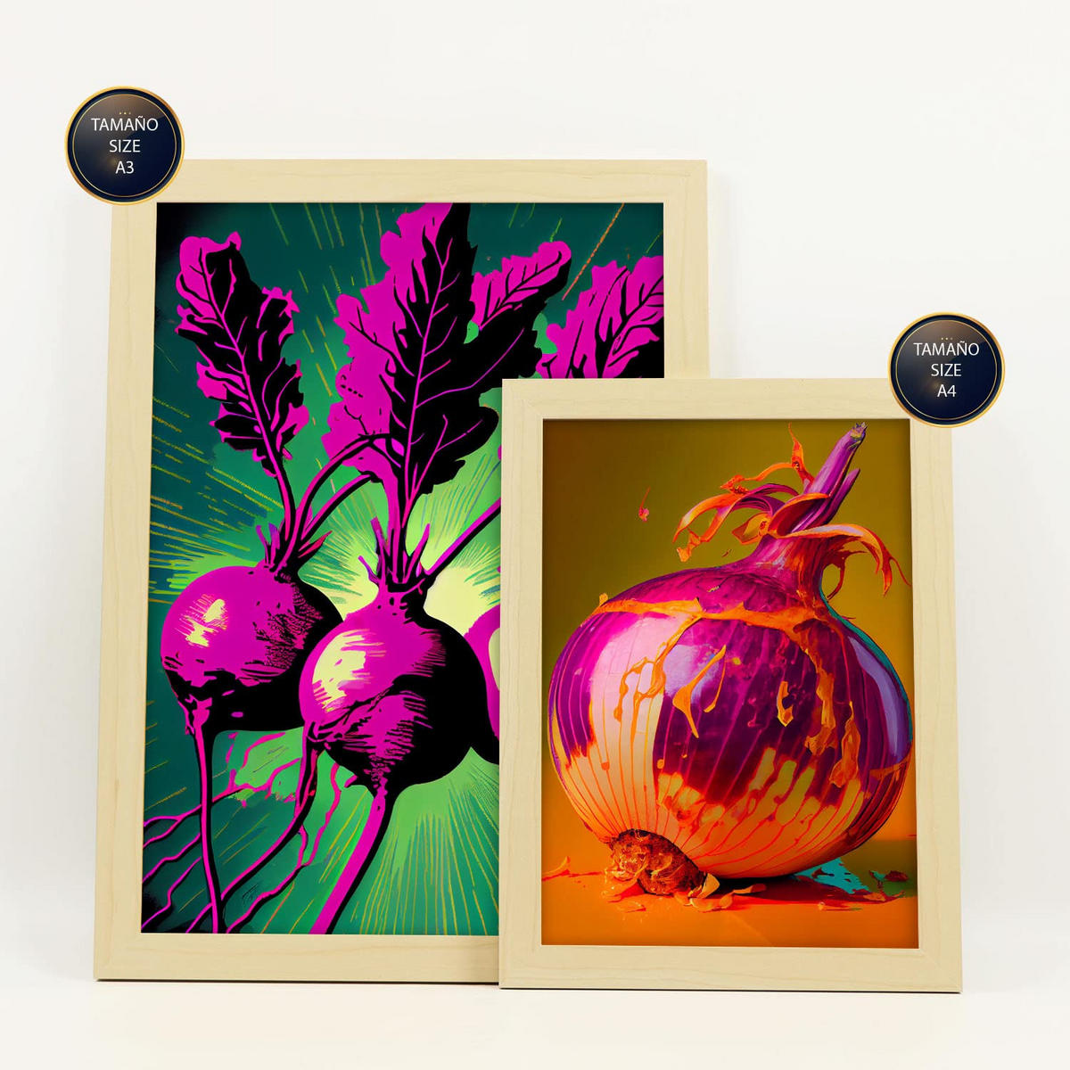 POSTER Set Mit 6 Kraftvolles Gemüse Vollfarbige Plakate Von Obst, Gemüse Und Gesunden Lebensmitteln Im Urban Art Stil A3 & A4 Rahmen Aus Hellem Holz - Beige, Papier (29/3cm) - Nacnic