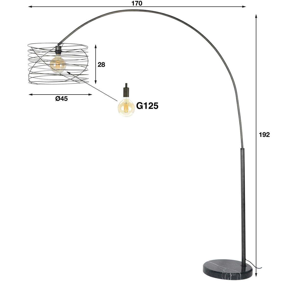 BOGENLAMPE Arc Grau 45/170/ 192 cm - Grau, Metall (45/170/192cm) - Hoyz Collection