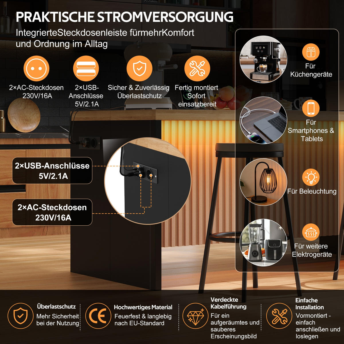 KÜCHENINSEL 155/80/90 cm Natürlich mit LED-Leuchten, 2 Steckdosen und 2 USB-Anschlüsse - Naturfarben, Holz/Holzwerkstoff (80/90/155cm) - Oxeza