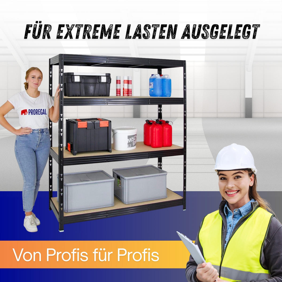 SCHWERLASTREGAL Rhino 180x160x60 cm 4 Spanplatten-Ebenen 8mm Fachlast 500 kg Schwarz - Schwarz, Metall (160/180/60cm) - PROREGAL