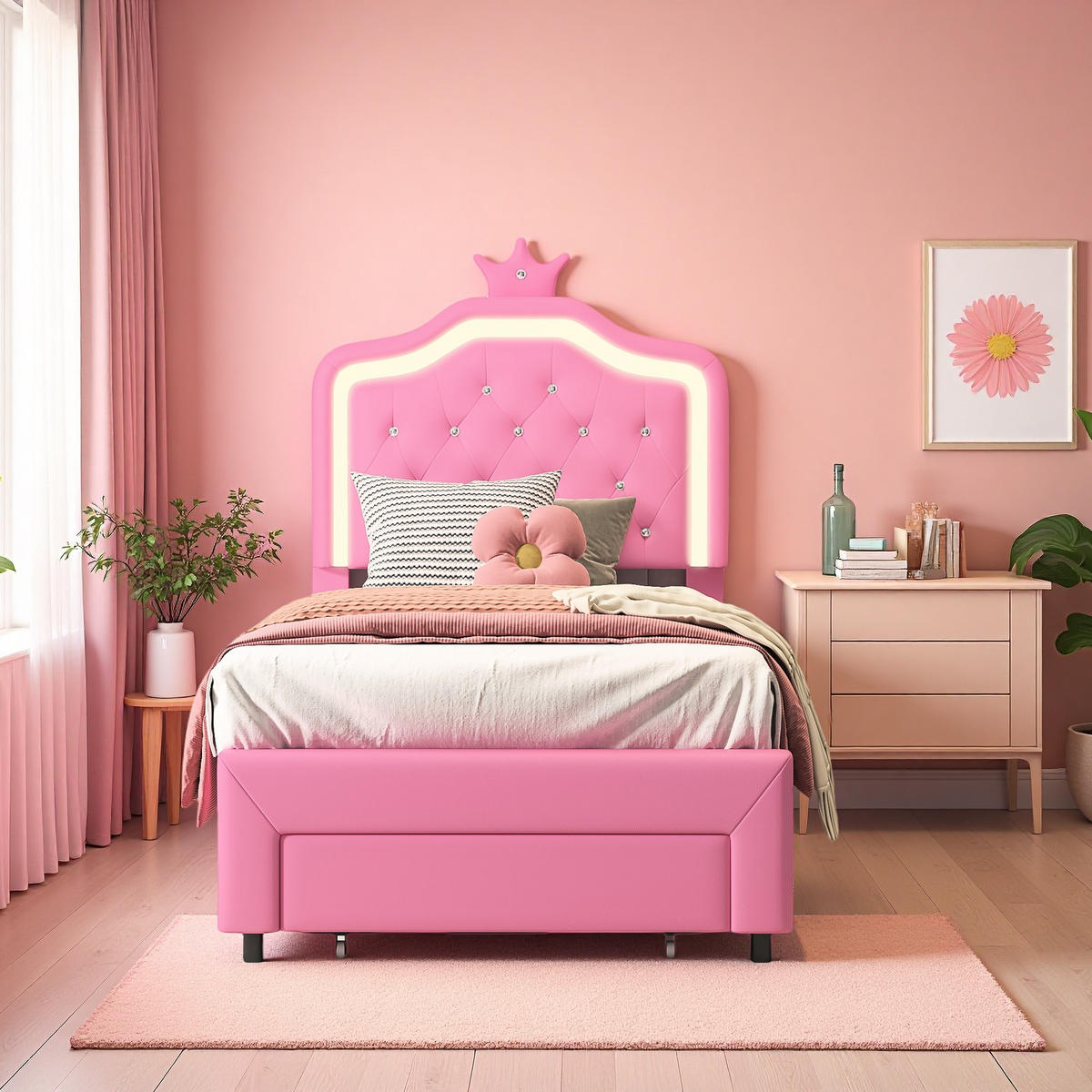 KINDERBETT 90x200 Rosa Krone LED Kinderzimmer - Pink, Holzwerkstoff (90/200cm) - SHOPENTRA