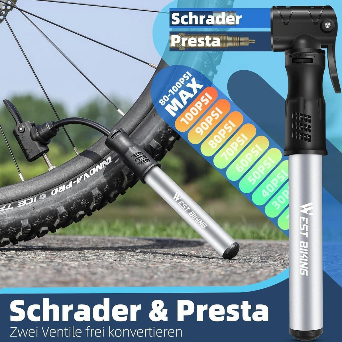 FAHRRADPUMPE Mini Aluminium mit Doppelventil und Halterung - Silberfarben, Metall (4.3/22.5/22.5cm)