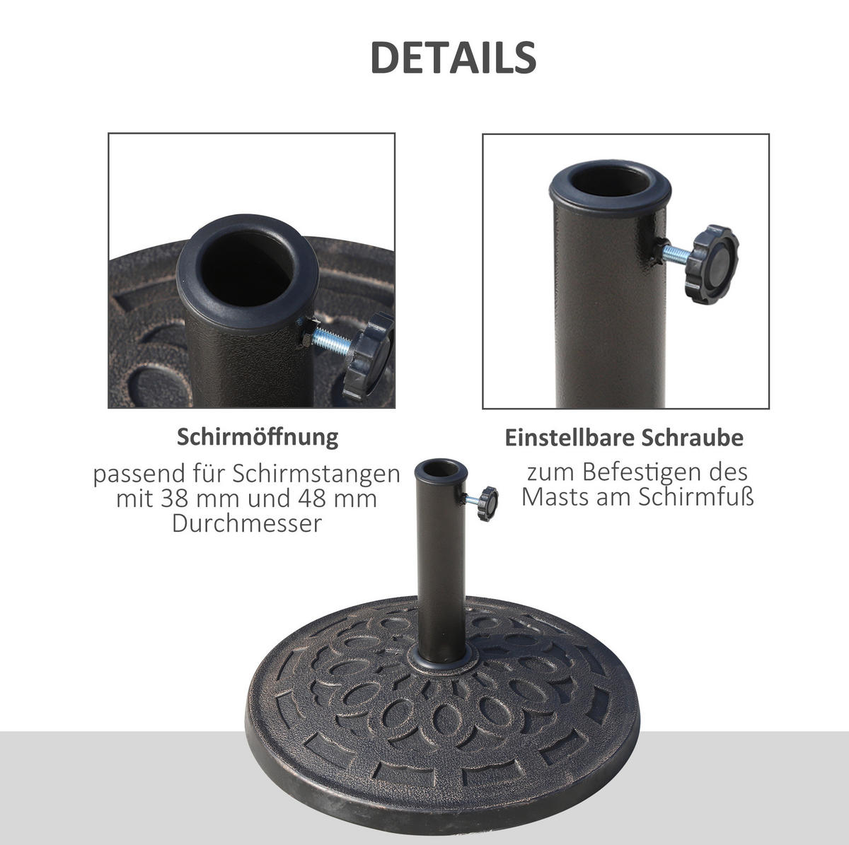 SONNENSCHIRMSTÄNDER 48,5/48,5/34 cm bronze aus Harz mit Stahlrohr für Ø38/48 mm - Bronzefarben, Kunststoff (48.5/48.5cm) - OKWISH