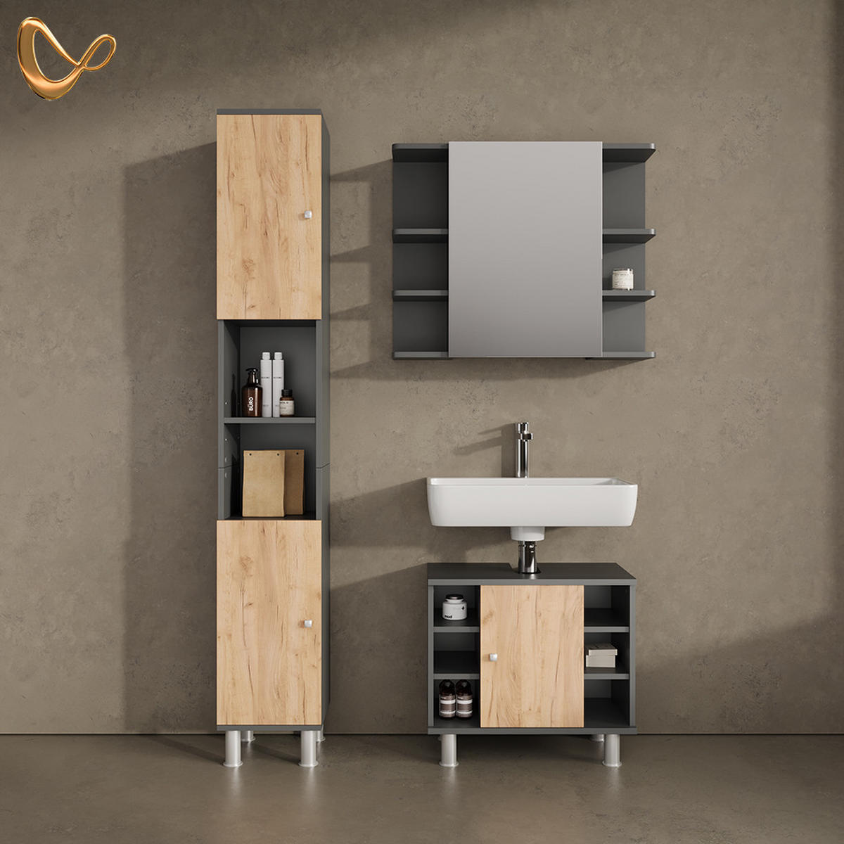 BADMÖBEL-SET Fucino Anthrazit/Goldkraft Eiche 3 Teile mit Hochschrank - Anthrazit/Eiche Wotan, Holzwerkstoff (60/54/32cm) - Livinity®