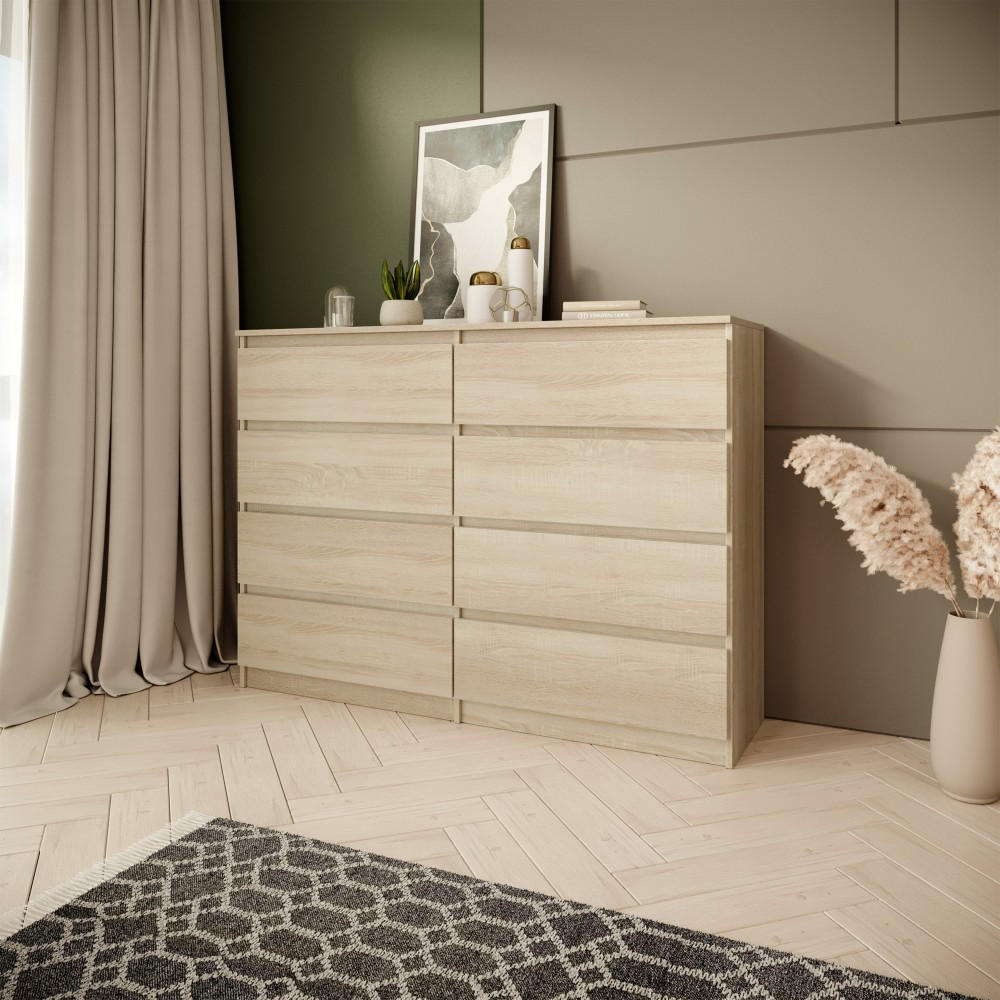 KOMMODE Look 120 cm mit acht Schubladen, eiche Sonoma - Sonoma Eiche, Holzwerkstoff (120/93/33cm) - Beautysofa