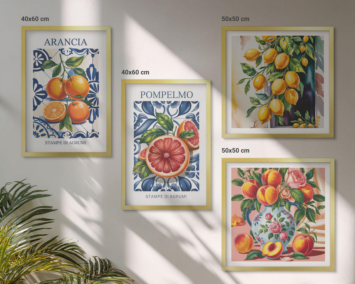 BILDER SET 4er Set - 50x50 cm & 40x60 cm Goldrahmen - Italienische Zitrus-Modeplakate - Goldfarben, Kunststoff (50/50cm) - TULUP