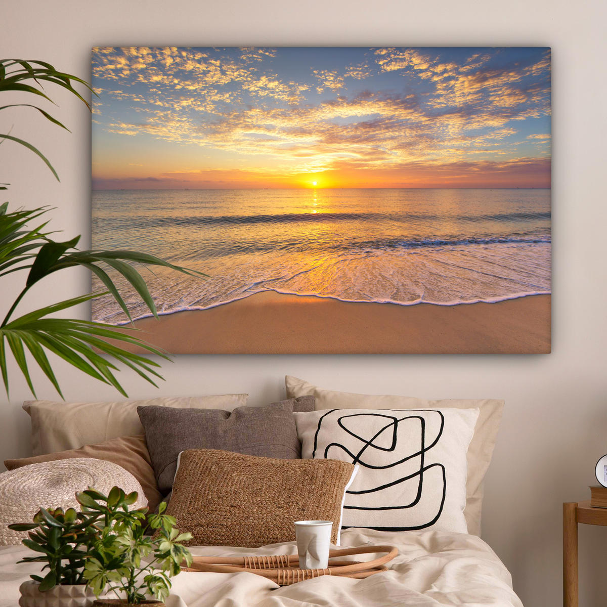 LEINWANDBILD Strand - Sonnenuntergang - Meer Wohnzimmer 120x80 cm - Gelb, Textil (120/80cm) - MuchoWow