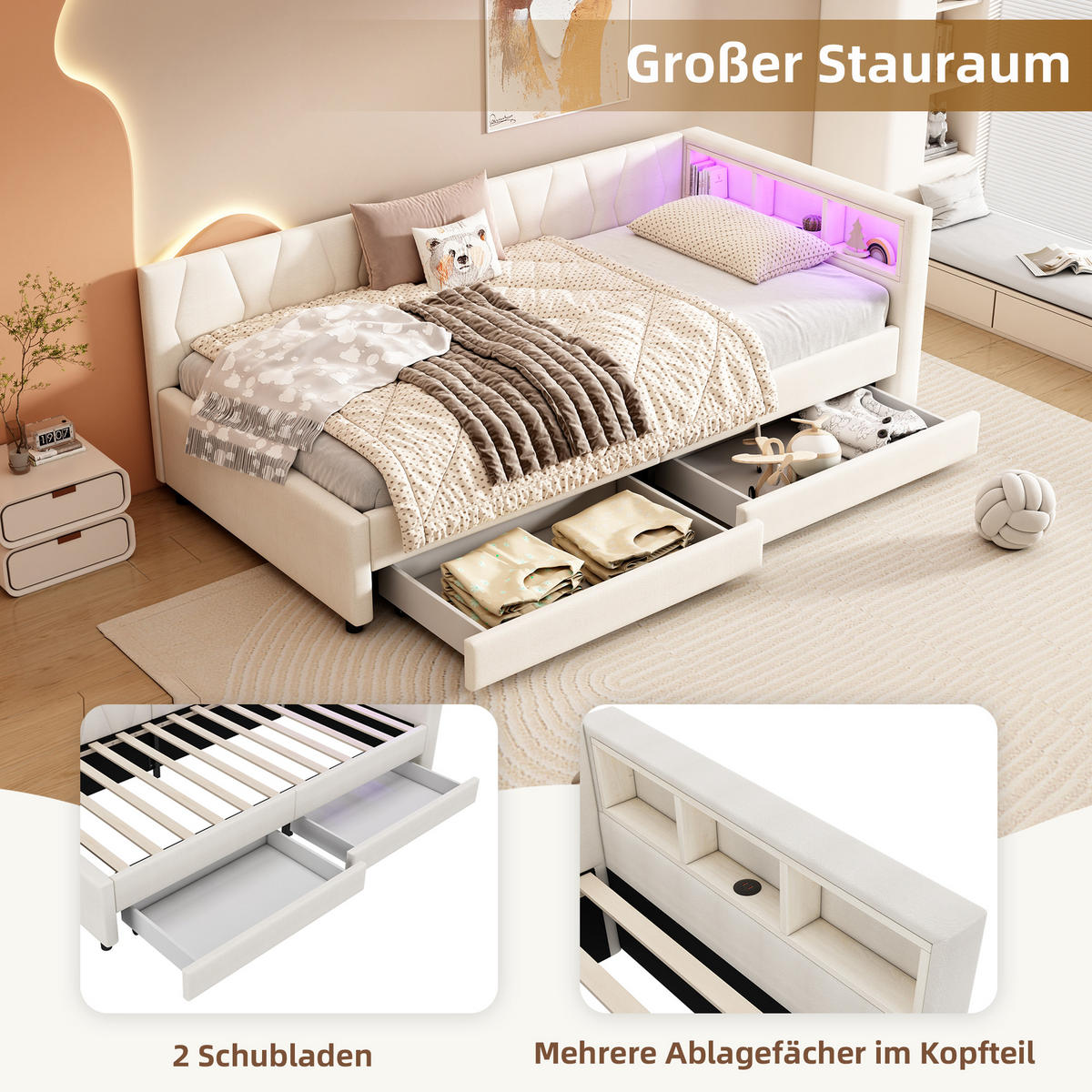 TAGEBETT 90x200cm Beige Leinen Ablagefach 2 Schubladen USB-C LED-Licht - Beige, Holz (90/200cm) - FLIEKS