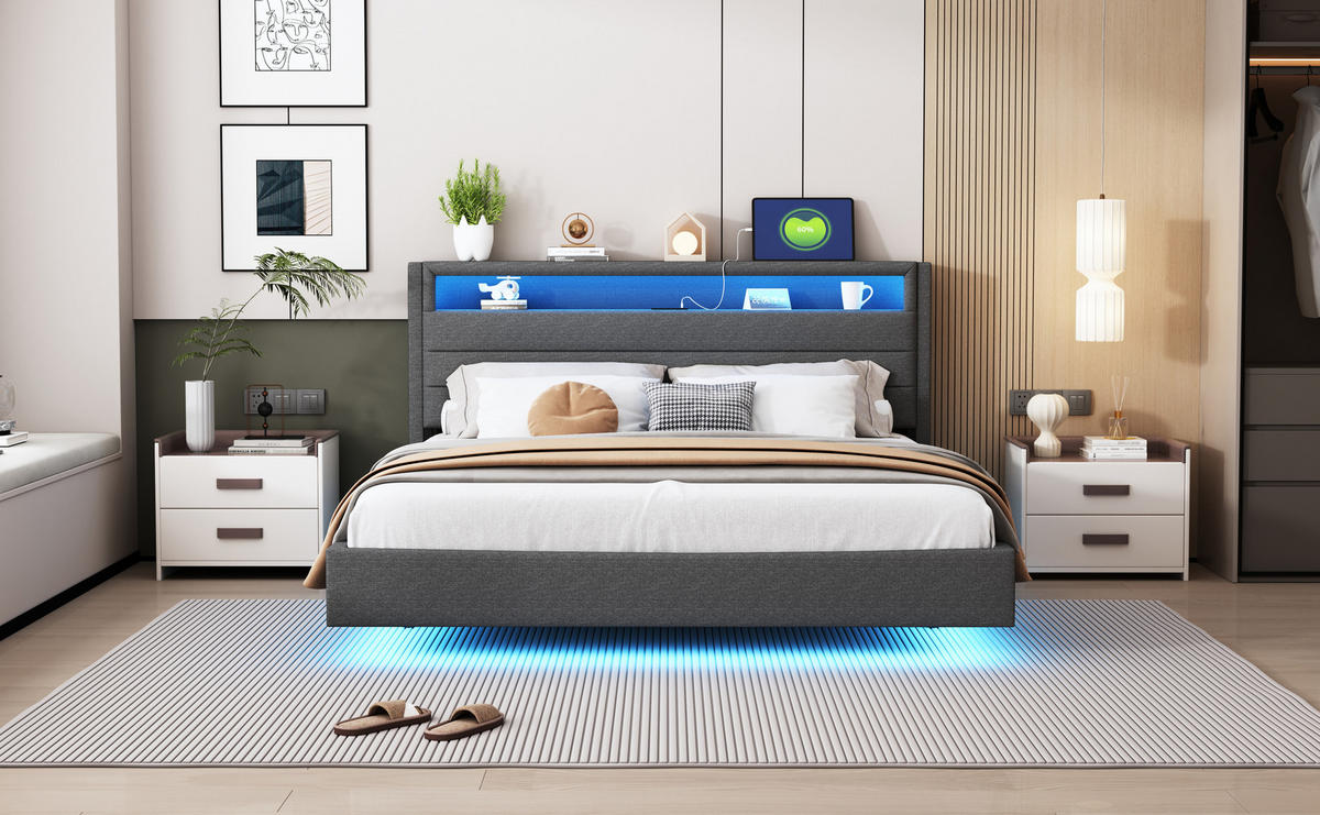 POLSTERBETT 160x200 cm Grau mit USB LED wendbares Kopfteil - Grau, Holzwerkstoff - FLIEKS