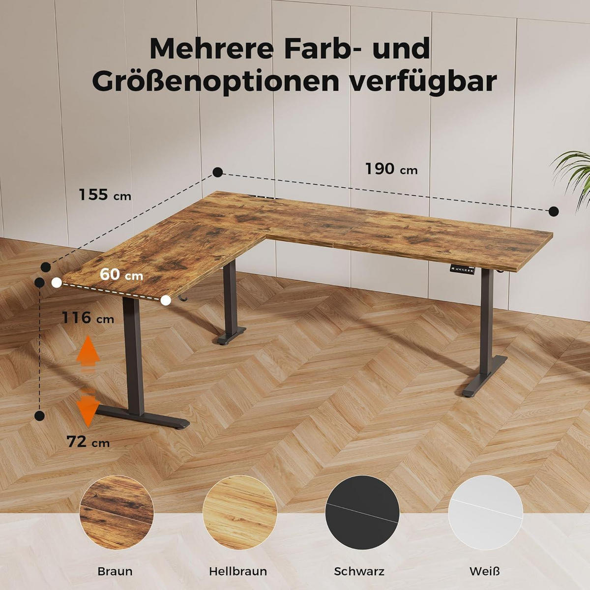 SCHREIBTISCH L-förmig Höhenverstellbar Braun 190 x 155 cm - Braun, Holzwerkstoff (190/60/75cm)