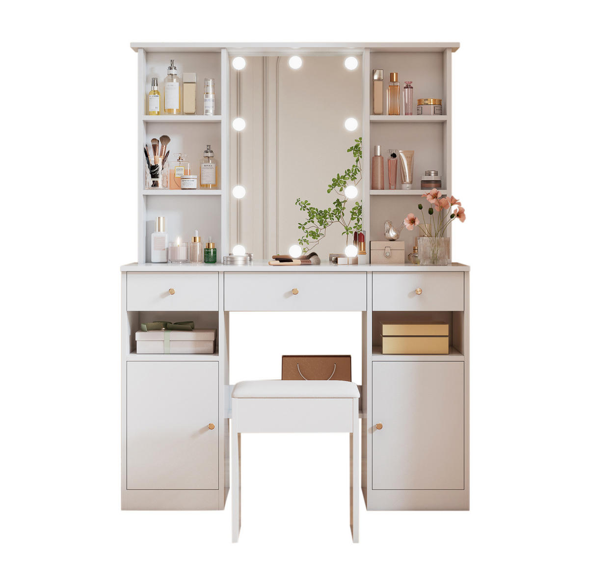 SCHMINKTISCH 110/40/151 cm in Weiß mit LED-Beleuchtung und viel Stauraum - Weiß, Holzwerkstoff (40/151/110cm) - Flora Grace