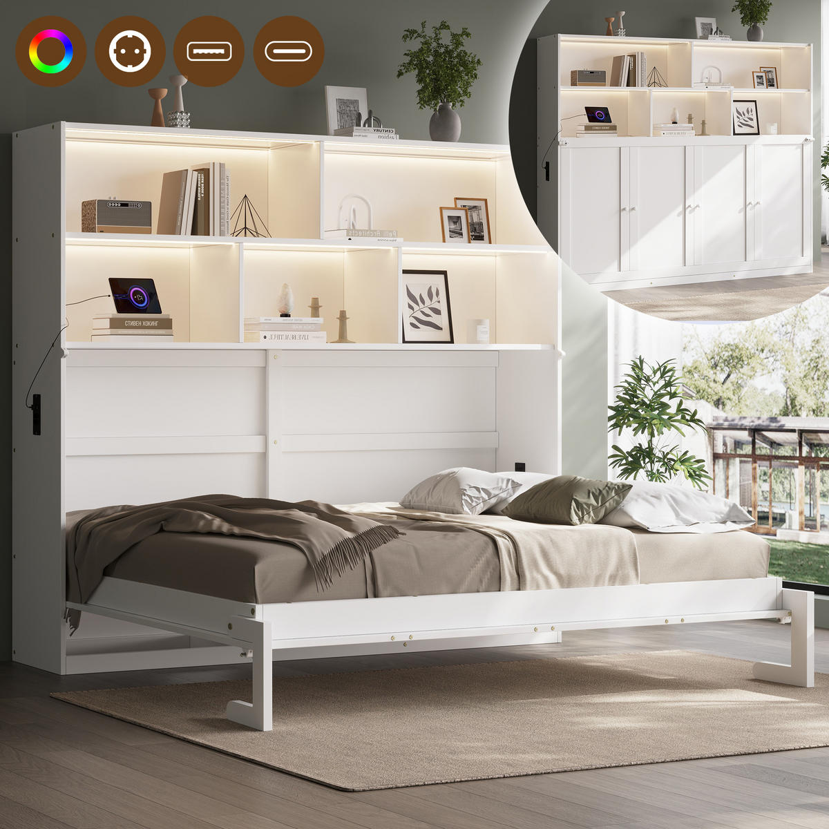 SCHRANKBETT 90/200 cm DE-32829 umwandelbar mit LED und USB Weiß - Weiß, Holzwerkstoff (90/200cm) - ComfortXL