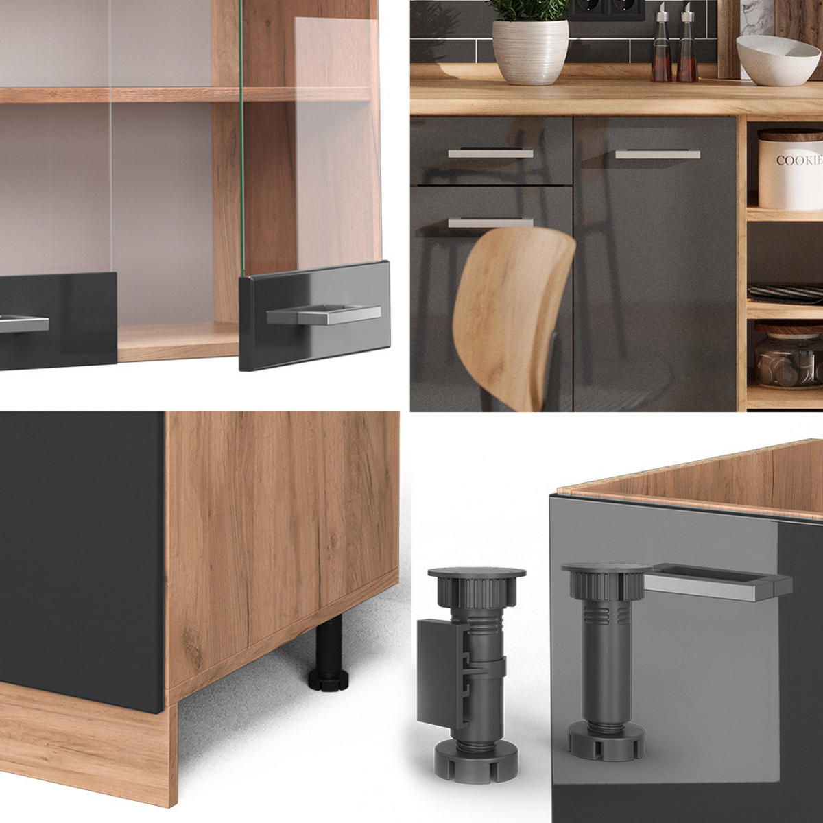 KÜCHENZEILE R-Line Anthrazit Hochglanz/Goldkraft Eiche 240 cm AP Eiche - Anthrazit/Eiche Wotan, Holzwerkstoff (240/81.6/60cm) - Vicco