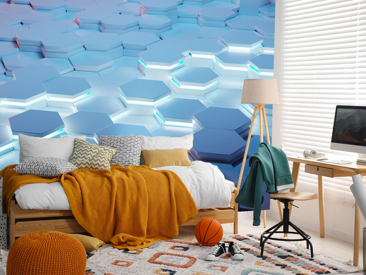 FOTOTAPETE für Jugendzimmer Blaue Neon Hexagone Formen Geometrie 400x280 - Blau/Weiß, Papier (400/280cm) - Muralo