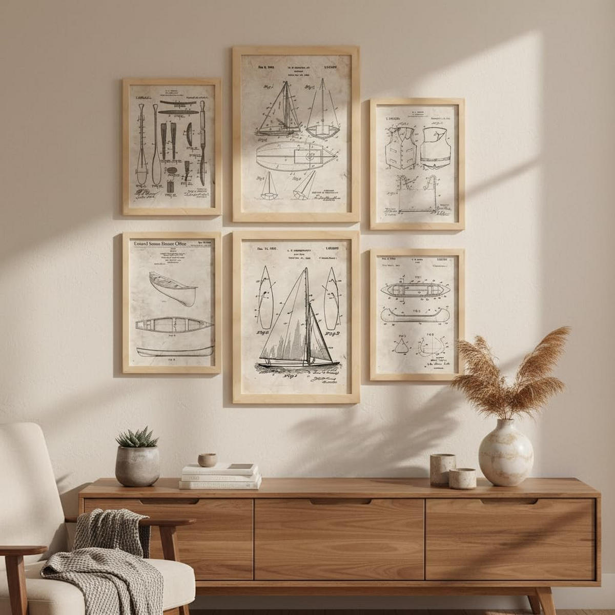 POSTER Set Mit 6 Plakaten Mit Boot Patenten Im Vintage Stil A3 & A4 Rahmen Aus Hellem Holz - Beige, Papier (29/3cm) - Nacnic