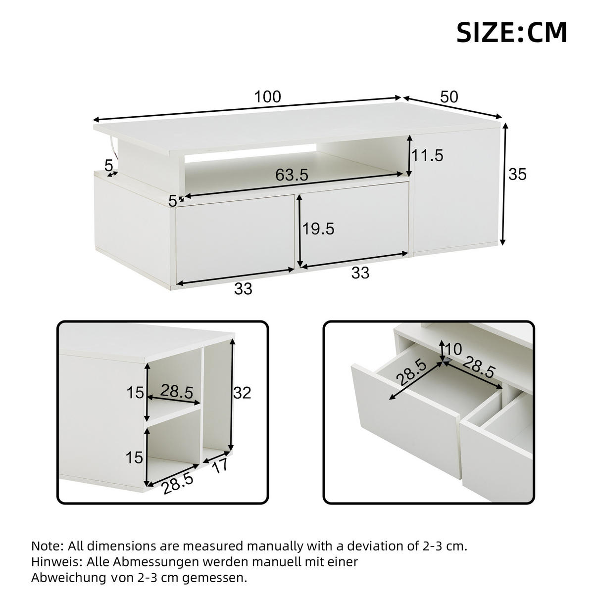 COUCHTISCH 100/50/35 cm mit LED-Beleuchtung, 2 Schubladen und seitlichen Fächern aus Spanplatte, Weiß - Weiß, Holzwerkstoff (100/50/35cm) - Redom