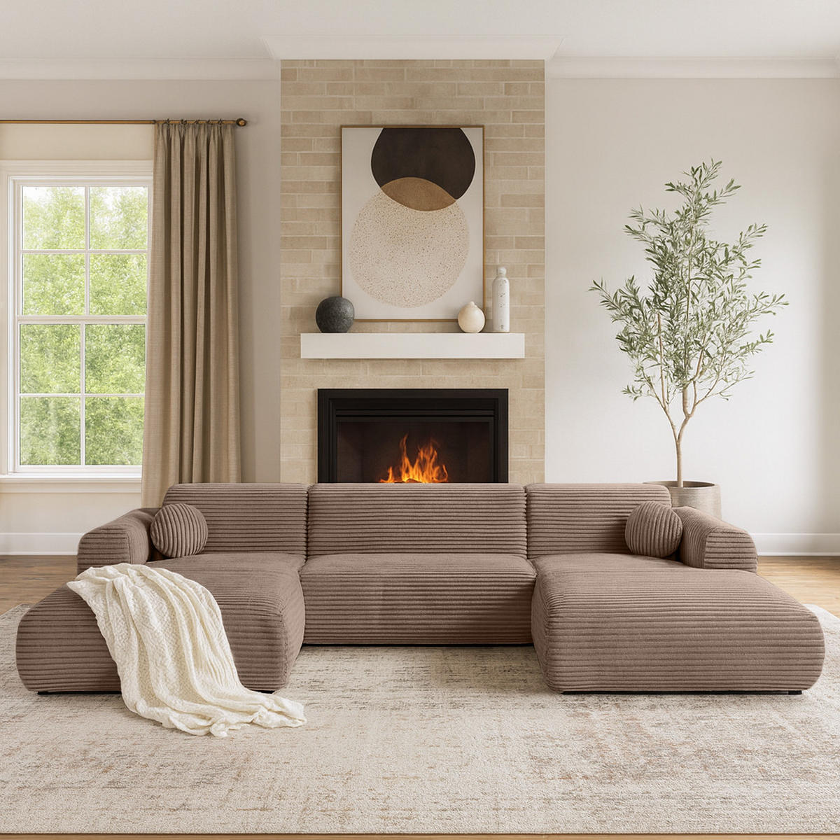 WOHNLANDSCHAFT Puerto U ohne Schlaffunktion, Dunkelbeige, Cordstoff - Schwarz/Cappuccino, Holzwerkstoff (363/76/170cm) - Beautysofa