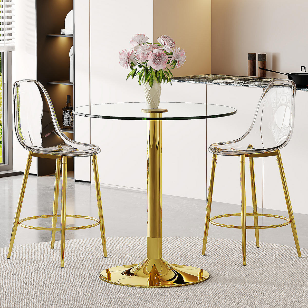 BARTISCH-SET DE-39404 3-teilig, Glastisch und 2 Hocker Gold - Goldfarben, Metall (89/92/89cm) - ComfortXL