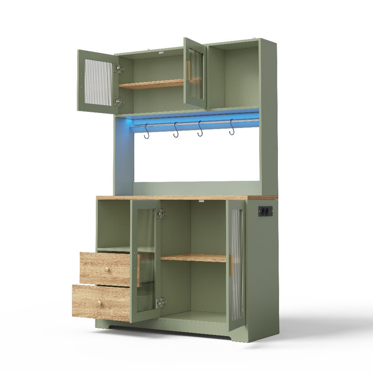 KÜCHENSCHRANK mit LED, Hochschrank, Vitrine mit Glastüren, Weinregal, Grün-Holzoptik, 110/40/178 cm - Grün, Kunststoff (40/178/110cm) - Rolipo