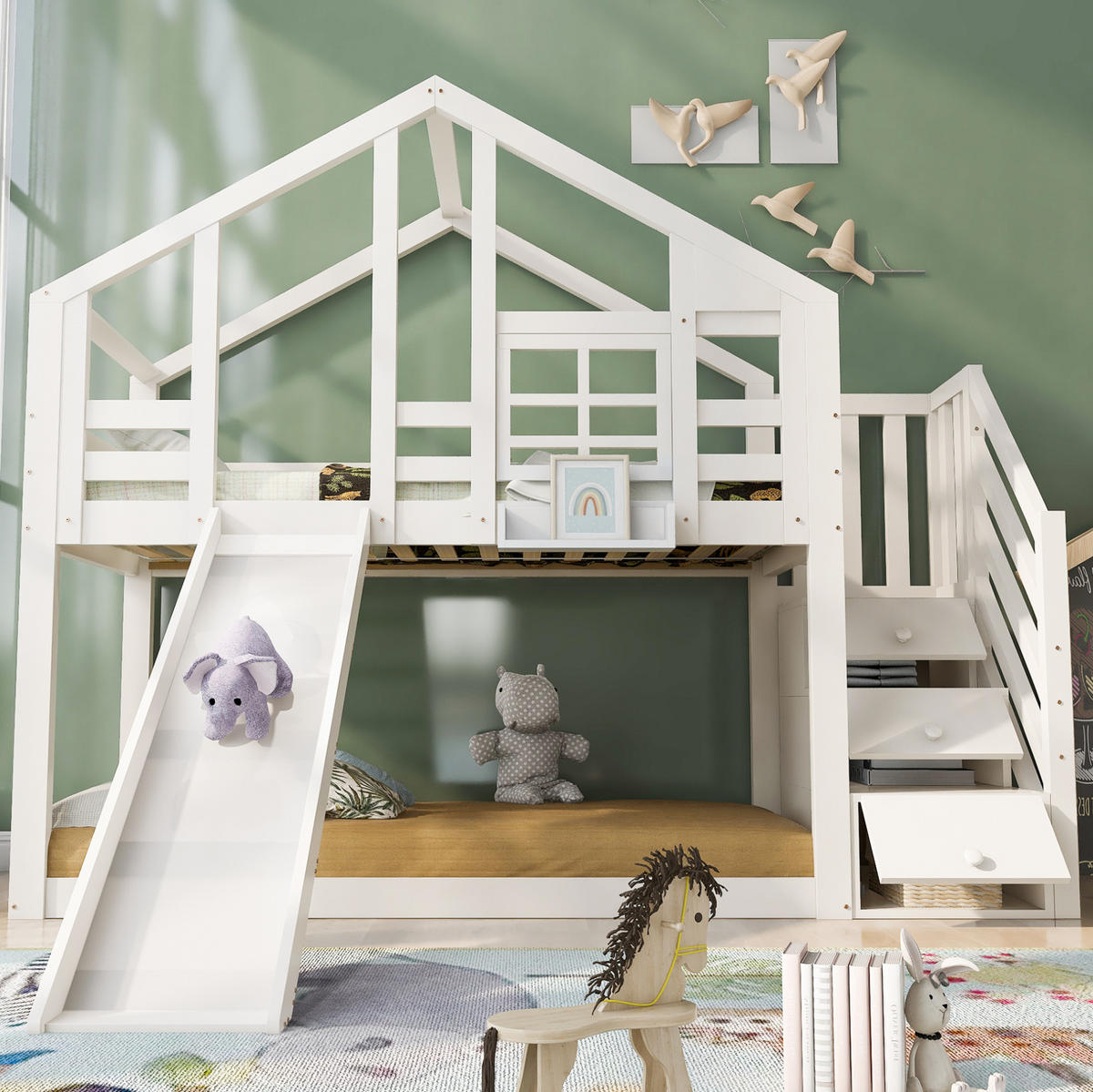 ETAGENBETT 90/200 cm mit Rutsche, Stauraumtreppe und Rausfallschutz, Weiß - Weiß, Holzwerkstoff - Redom