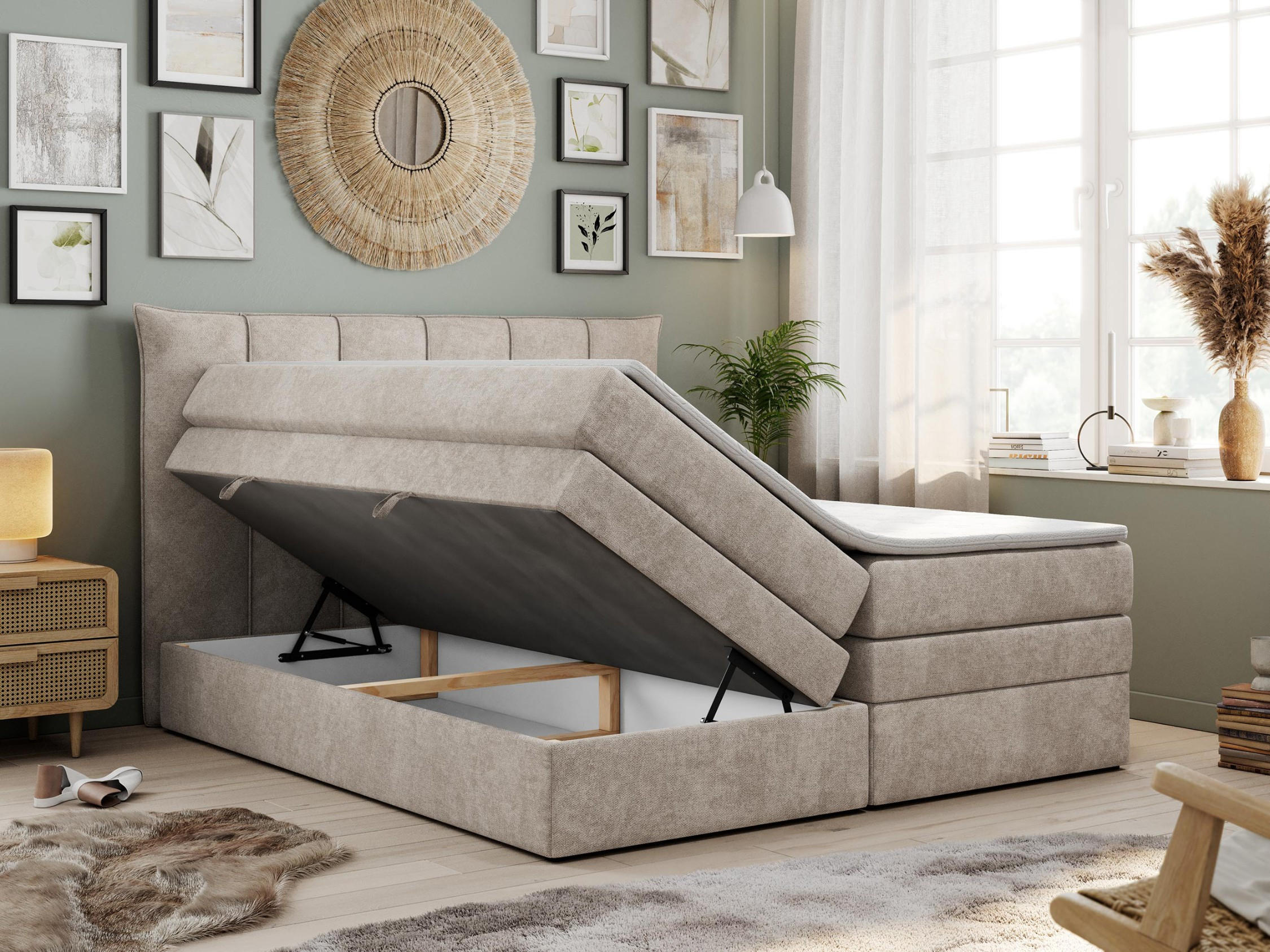 Thumbnail - MKS Boxspringbett, Beige, Textil, 2-Sitzer, H4, Rechteckig, 160x200 cm, Schlafzimmer, Betten, Boxspringbetten