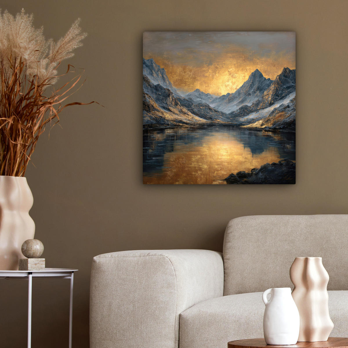 LEINWANDBILD Bergkulisse mit goldenem Sonnenuntergang Wandbild Wohnzimmer 50x50 cm - Goldfarben, Textil (50/50cm) - MuchoWow