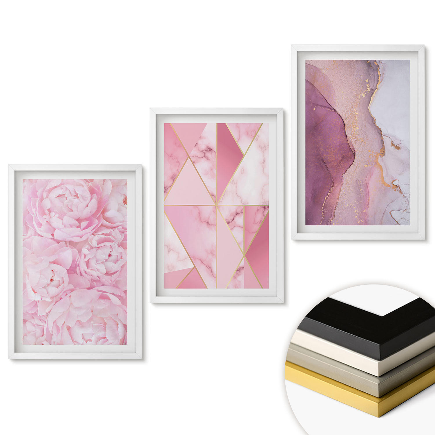 WANDBILDER 3er-Set - 40x60 cm Weißer Rahmen - Rosa geometrische Pfingstrosen - Weiß, Kunststoff (40/60cm) - ArtPrintCave