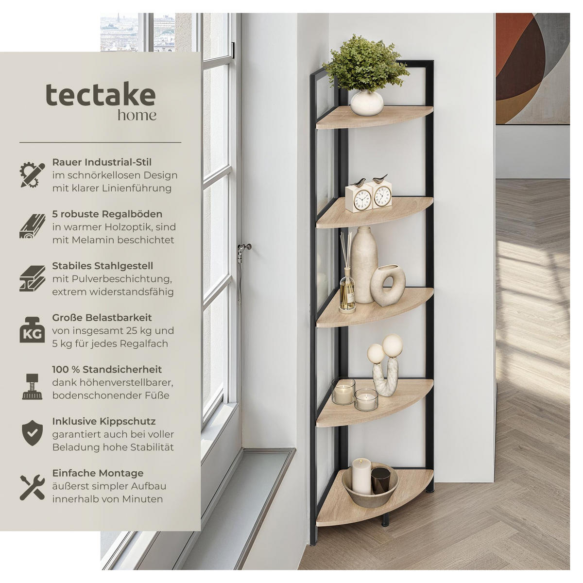 ECKREGAL Castlebar ,inklusive Kippschutz, 30 x 30 x 150 cm,Industrial Holz hell, Eiche Sonoma - Naturfarben, Holzwerkstoff (30/150/30cm) - tectake