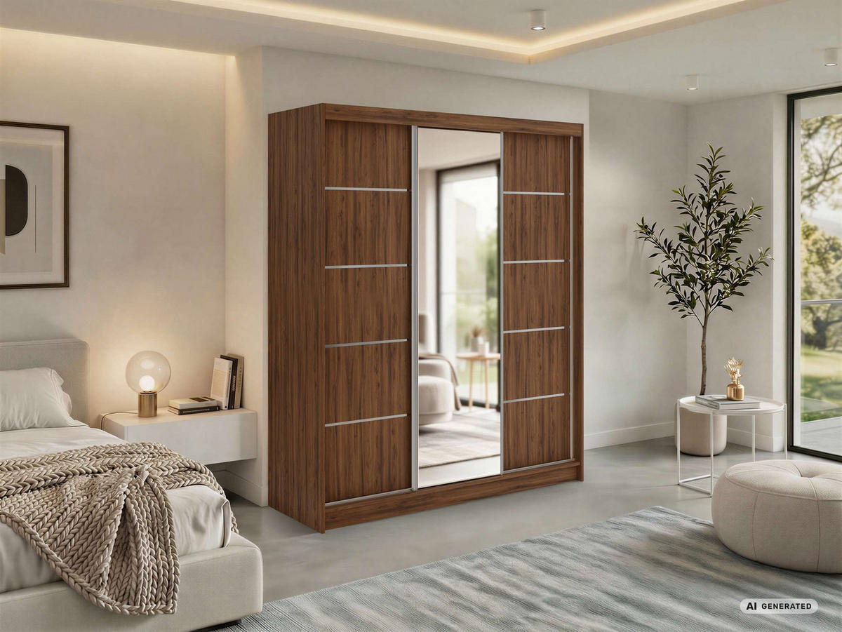 SCHWEBETÜRENSCHRANK mit Schubladen 180 - SKORIA - Warmia Walnuss mit Spiegel - Walnussfarben/Alufarben, Holzwerkstoff/Metall (180/216/61cm) - MKS