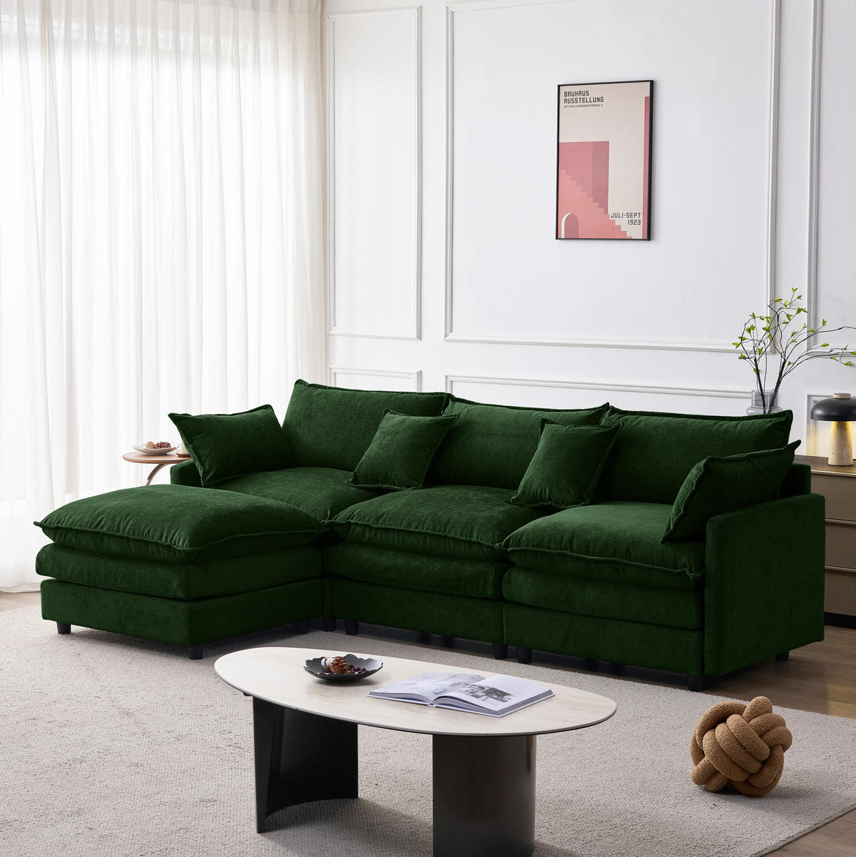 ECKSOFA mit Chenille-Bezug in Grün 154x267x85 cm, 3-Sitzer mit beweglichem Hocker - Grün, Textil (267/154cm) - IVMEU
