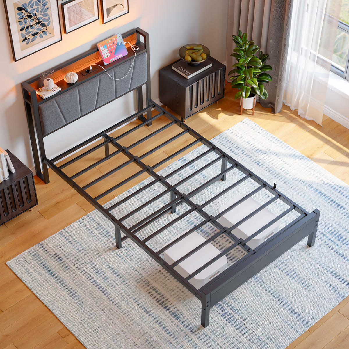 METALLBETT 120/200 cm Schwarz mit LED und USB - Schwarz, Metall (120/200cm) - Oxeza
