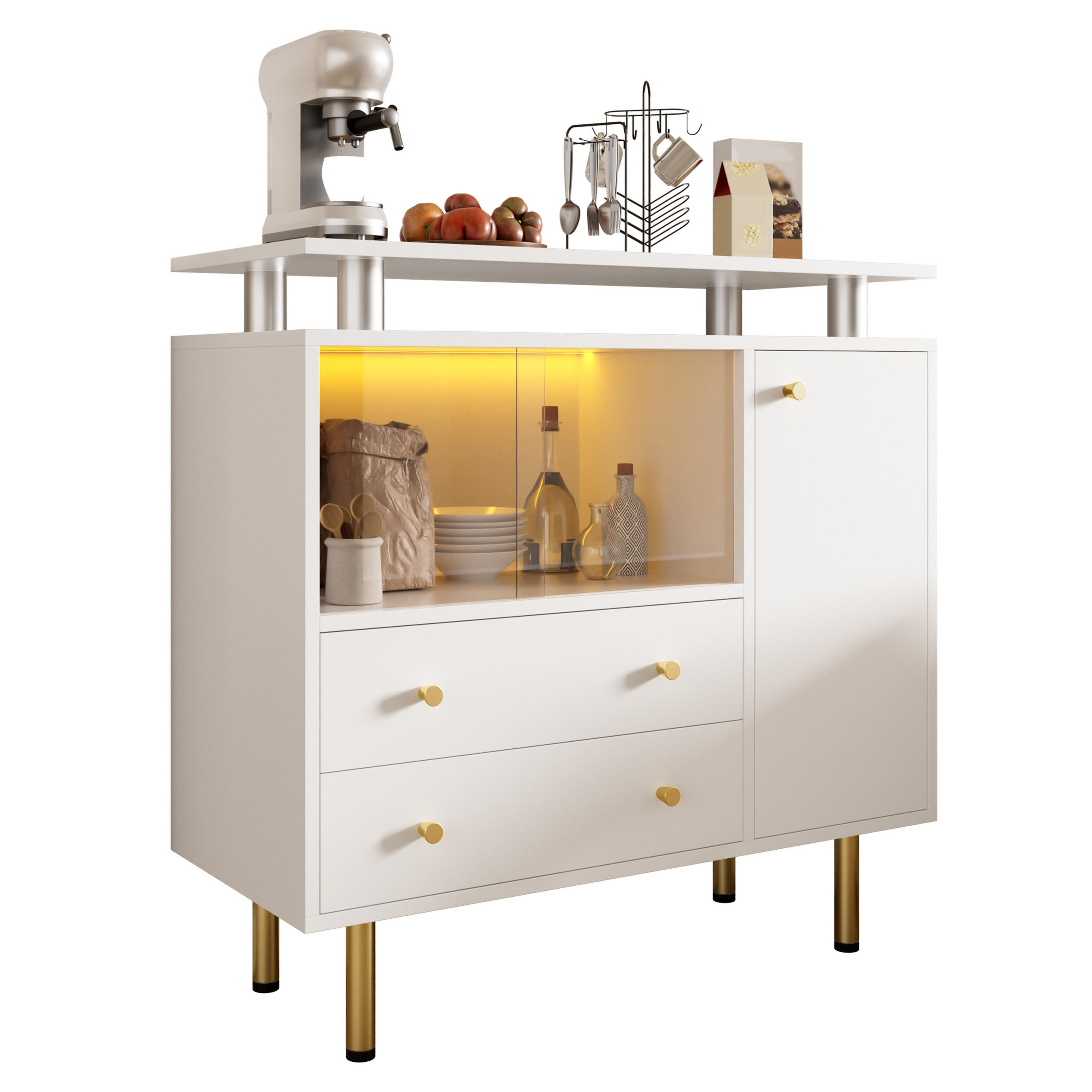 SIDEBOARD DE-37958 mit LED-Beleuchtung und 2 Glastüren Weiß - Weiß, Holzwerkstoff (80/80/35cm) - ComfortXL