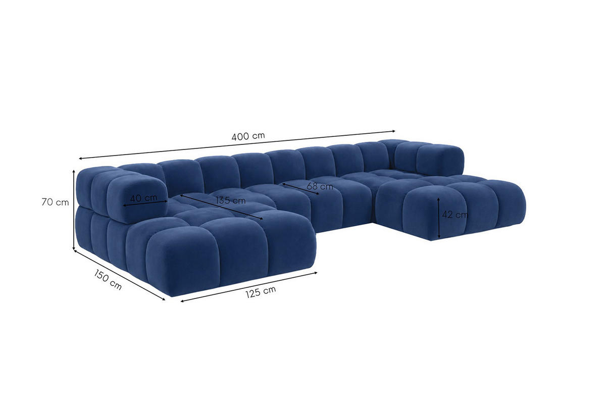 ROHOVÁ SEDAČKA ve tvaru U, velurová tkanina Bluvel, Inkoustově modrá, Averro U XL - modrá, dřevo (400/70/150cm) - Kaiser Möbel