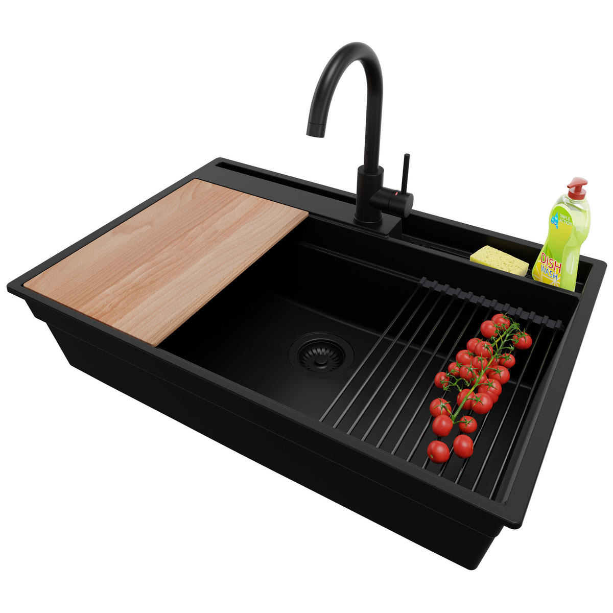 GRANITSPÜLE Oslo Pocket, 2-er set Alles Schwarz 78/53 cm 1 Becken + Küchenarmatur 32/20 cm + Ablauf-Set + Küchenzubehörset ab 80er Unterschrank - Beige/Schwarz, Kunststoff (78/20/53cm) - Primagran