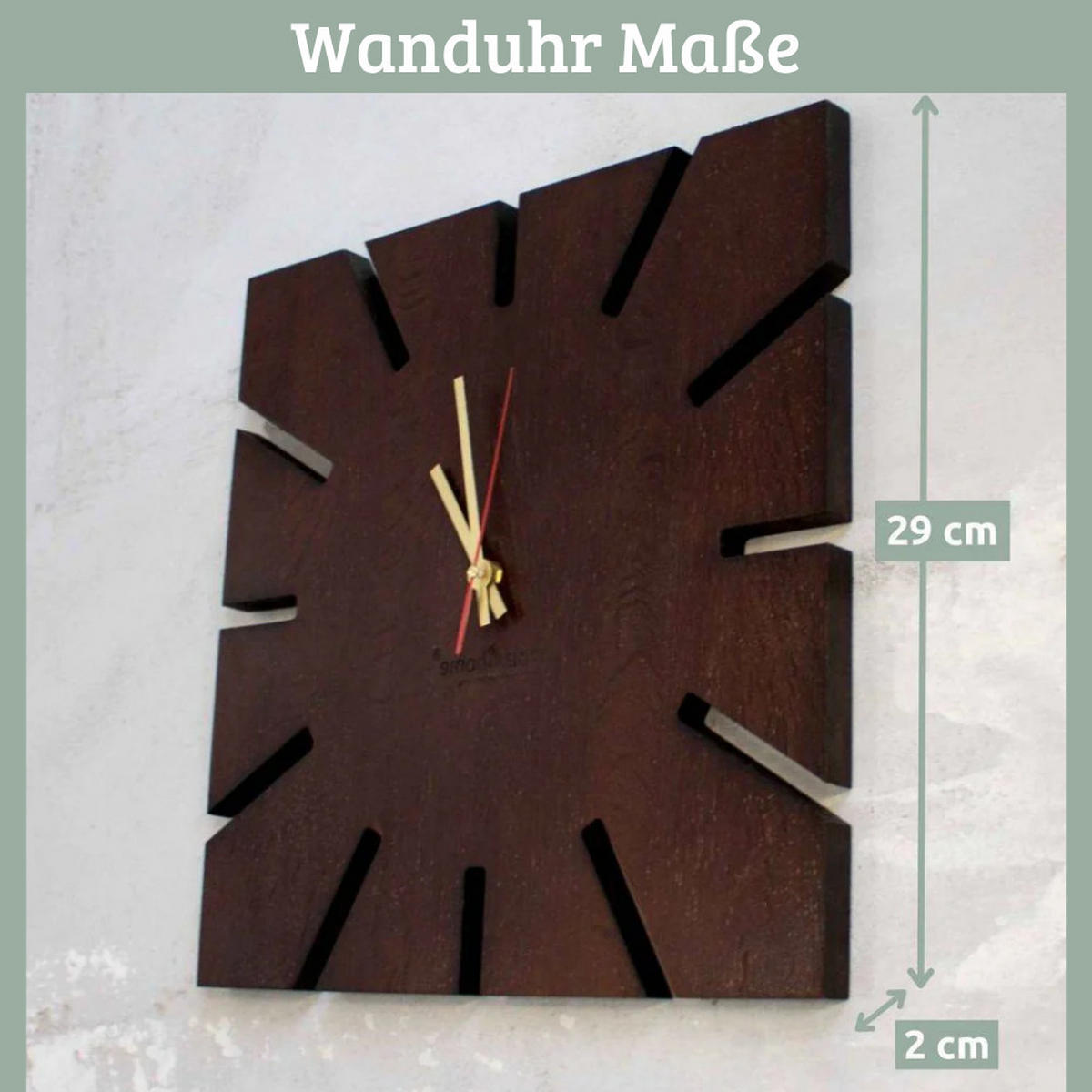 WANDUHR groß Holz SUN HANDGEFERTIGT 29x29 cm Eiche Massiv Geräuschlos - Braun, Holz (29/29/2cm) - DELUKE