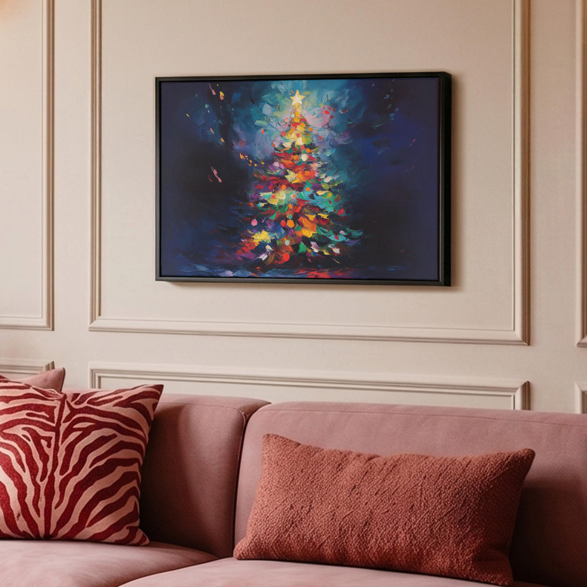 LEINWAND Bilder mit Rahmen - Weihnachtsbaum - Weihnachten - Abstrakt - Farbenfroh - 60x40 - Multicolor, Textil (60/40cm) - MuchoWow