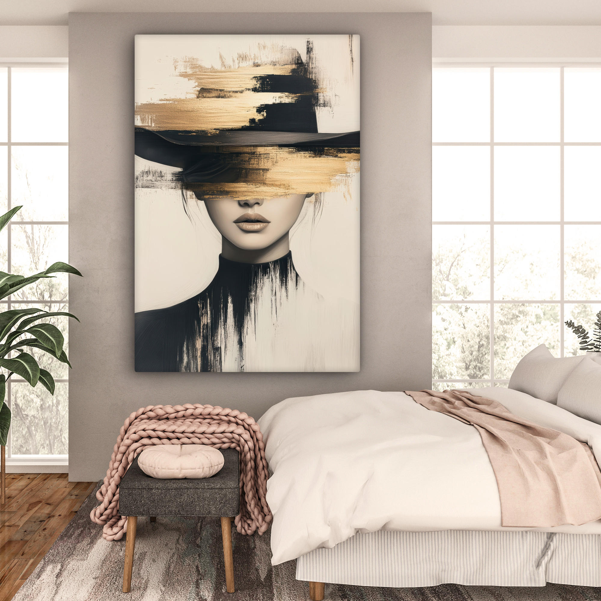 LEINWANDBILD Frau - Hut - Farbe 90x140 cm - Goldfarben, Textil (90/140cm) - MuchoWow