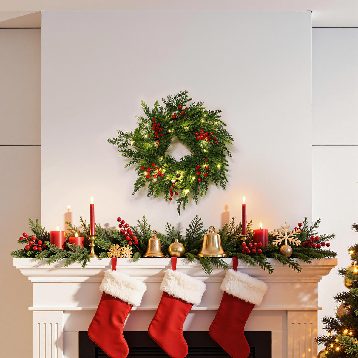 WEIHNACHTSKRANZ mit 25 LEDs & Timer - Smaragdgrün, Naturmaterialien (40cm) - Hometopia