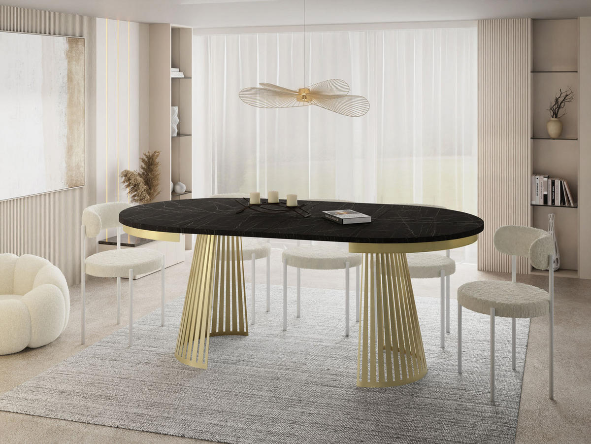 ESSTISCH Naro rund ausziehbar mit Goldem Lamellen-Metallgestell, Marmor Schwarz 120-200/120/76 cm - Anthrazit/Goldfarben, Holzwerkstoff/Metall (120/100/76cm) - WFL GROUP