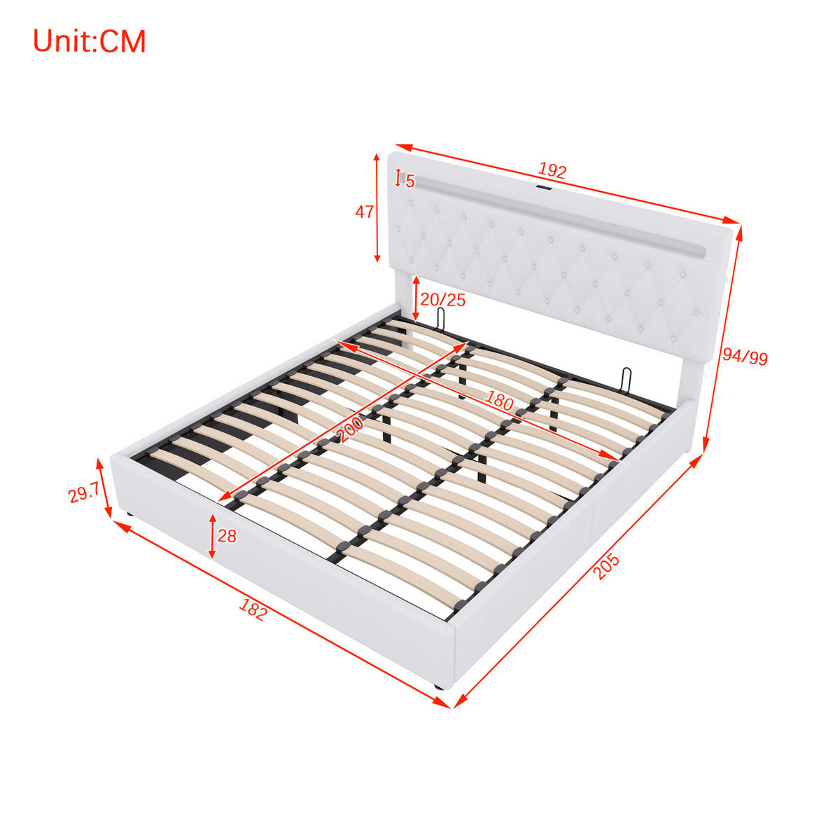 ČALÚNENÁ posteľ 180/200 cm biela s úložným priestorom LED osvetlením a USB z ľanu a MDF - biela, textil (180/200cm) - OKWISH