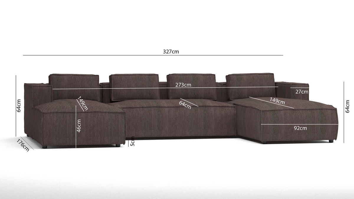 WOHNLANDSCHAFT Nova Dunkelbraun Cord - Dunkelbraun/Schwarz, Holz/Kunststoff (327/64/176cm) - S-Style Möbel