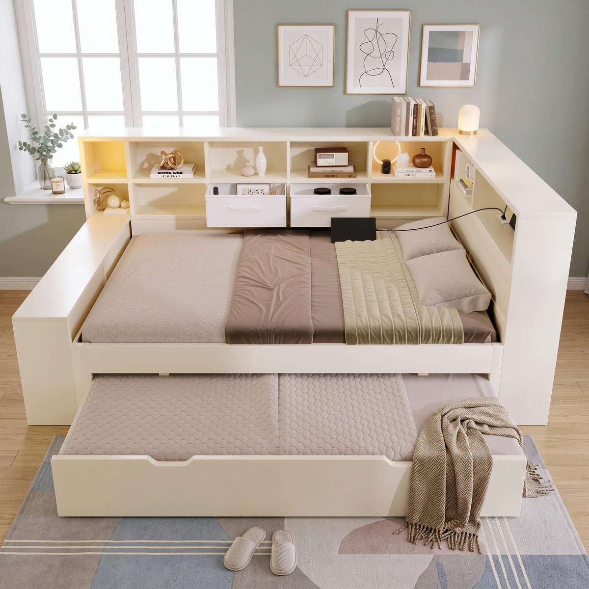 BETT 140x200 Weiß mit Ausziehbett & 8 Fächern & Ladefunktion - Weiß, Holz (140/200cm) - Urban Meuble