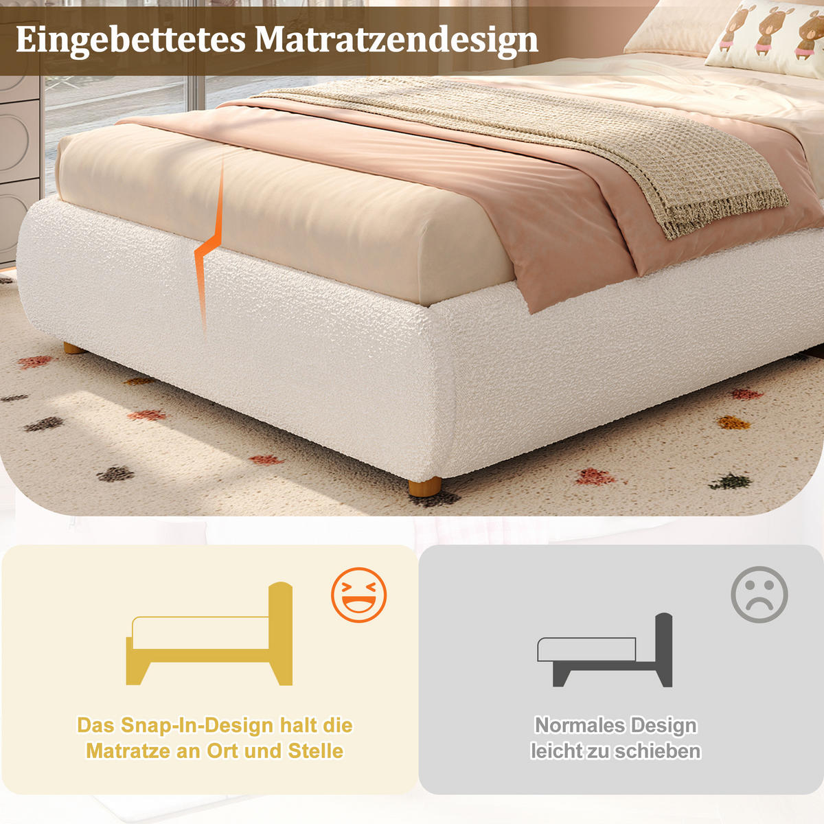 KINDERBETT 90/200 cm in Beige Bouclé mit Bettkasten - Beige, Holzwerkstoff/Textil (90/200cm) - WISHDOR