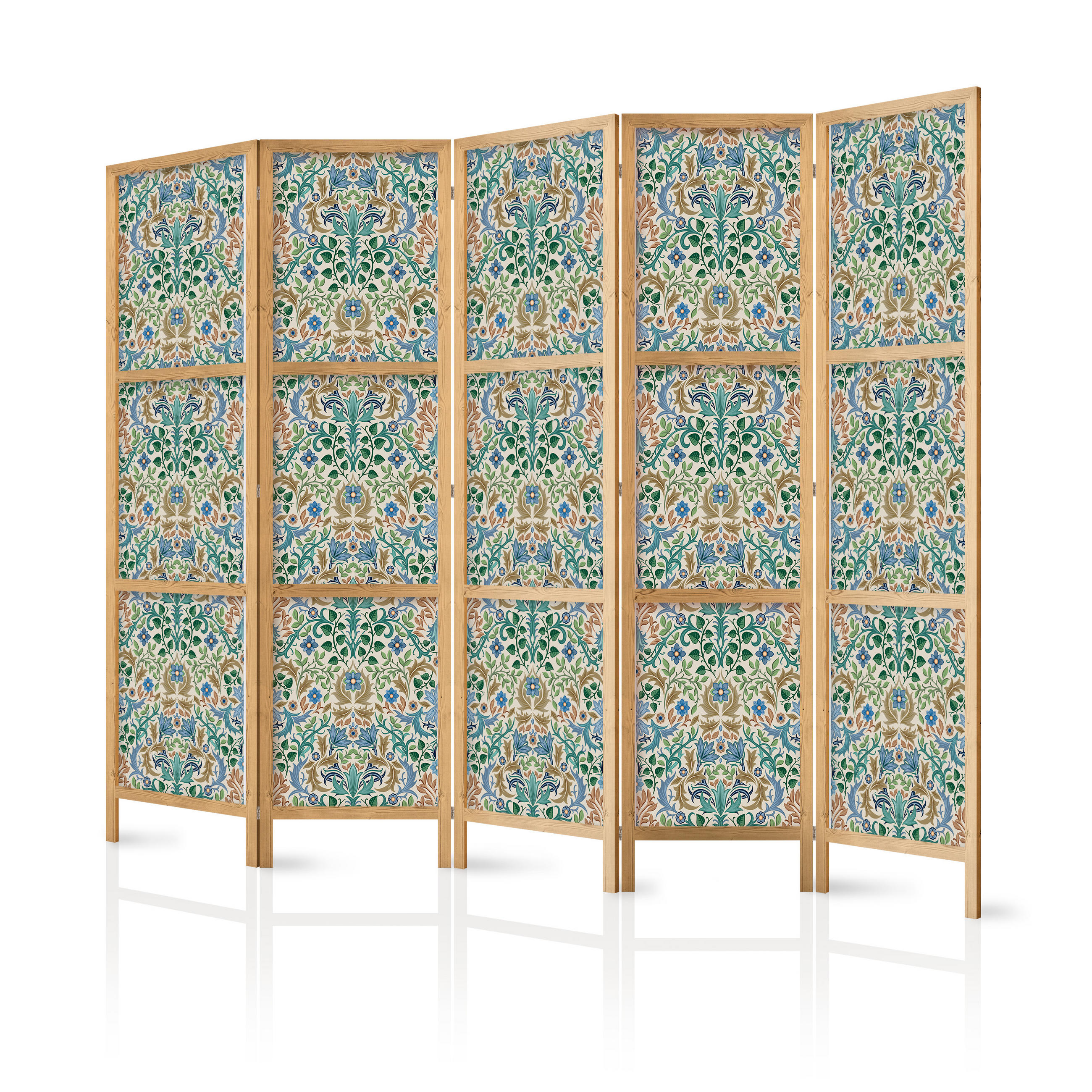 PARAVENT Japanischer 5-tlg 225x172 cm Bunte Blumen - Grün, Holz/Textil (225/172/3cm) - Muralo