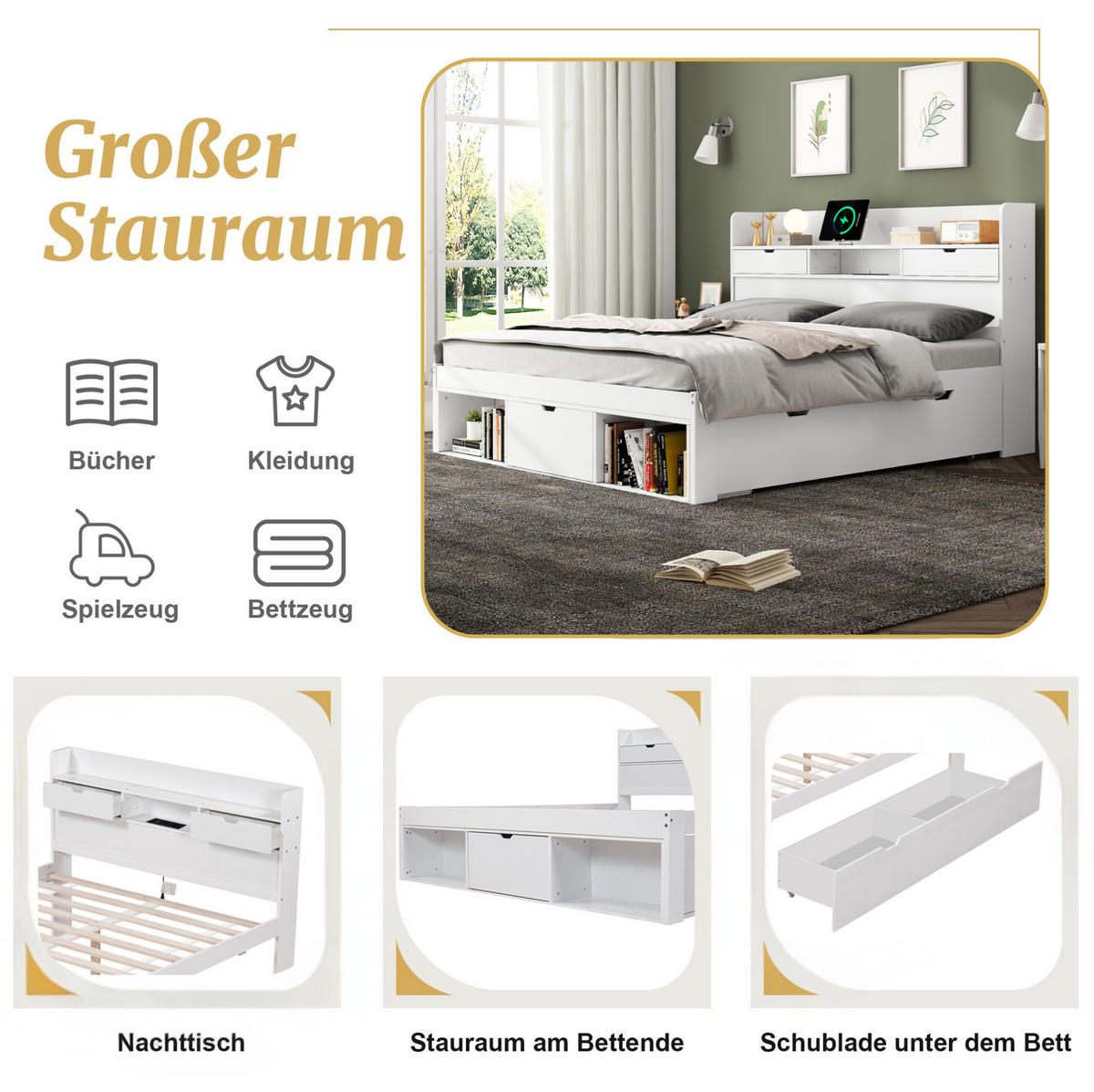 JUGENDBETT 140/200 cm aus Kiefernholz mit USB-Anschluss, Typ-C, Schubladen und Stauraum, Weiß - Weiß, Holzwerkstoff (140/200cm) - Redom
