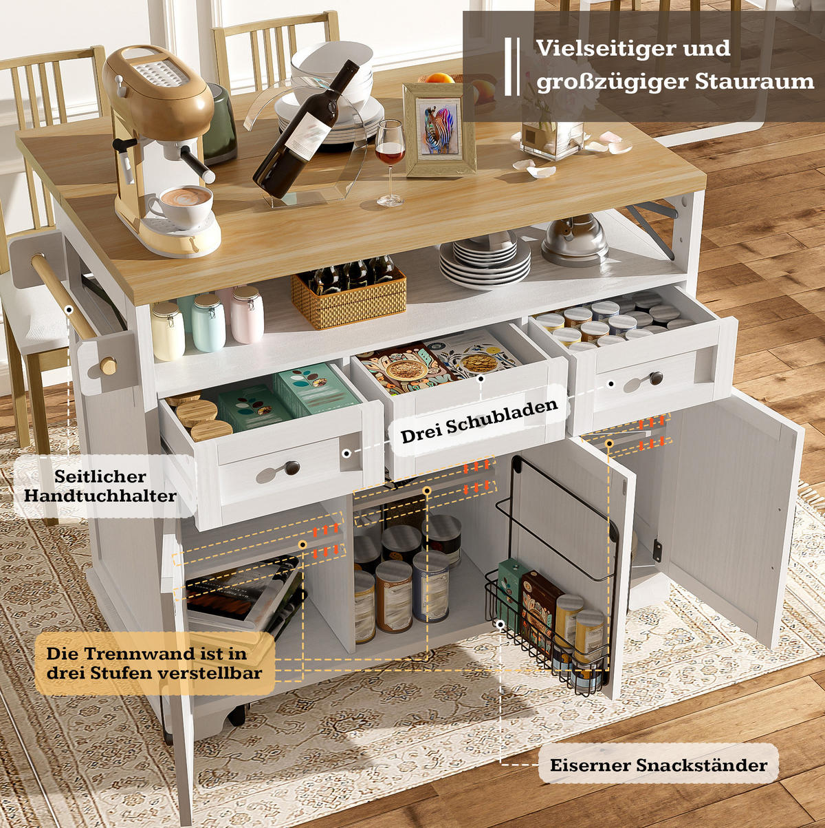 KÜCHENINSEL 118/43-70/98 cm Weiß aus MDF und Metall mit klappbarer Tischplatte - Weiß, Holzwerkstoff (43/98/118cm) - OKMYHOME