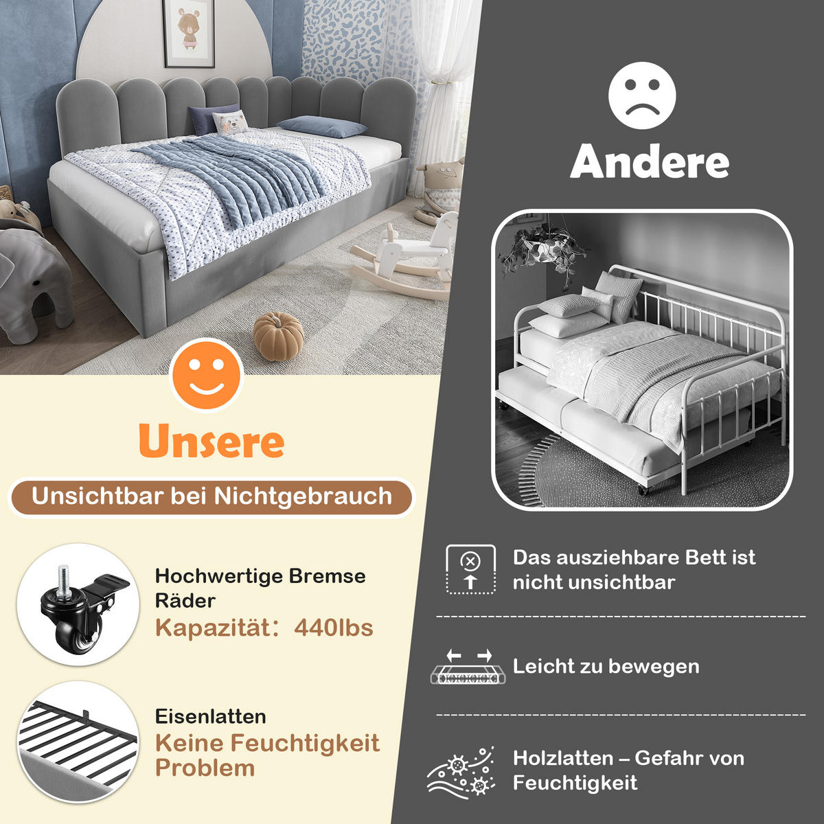 SCHLAFSOFA 90/200 cm & 90/190 cm in Grau Samt mit Ausziehbett - Grau, Holzwerkstoff/Textil (90/200cm) - WISHDOR