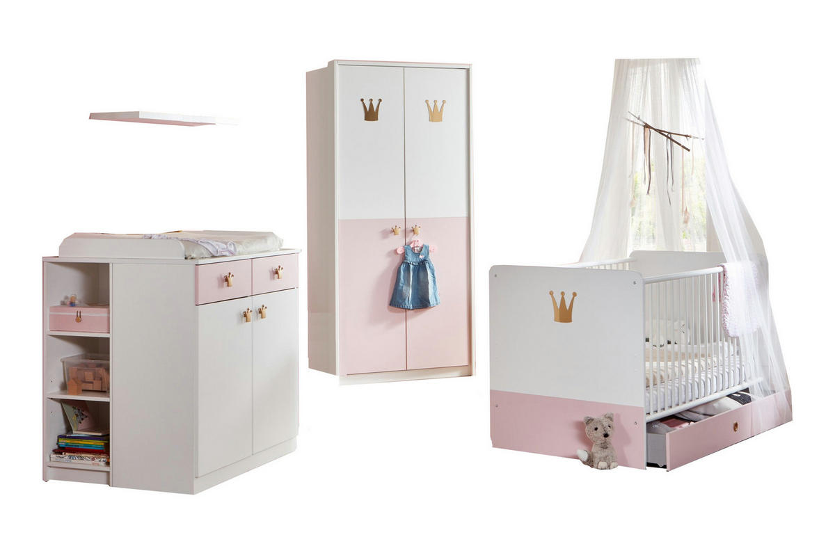 BABYZIMMER Cindy in Weiß und Rosé 8 teilig mit 2 türigem Kleiderschrank - Weiß, Holzwerkstoff (120/200/80cm)