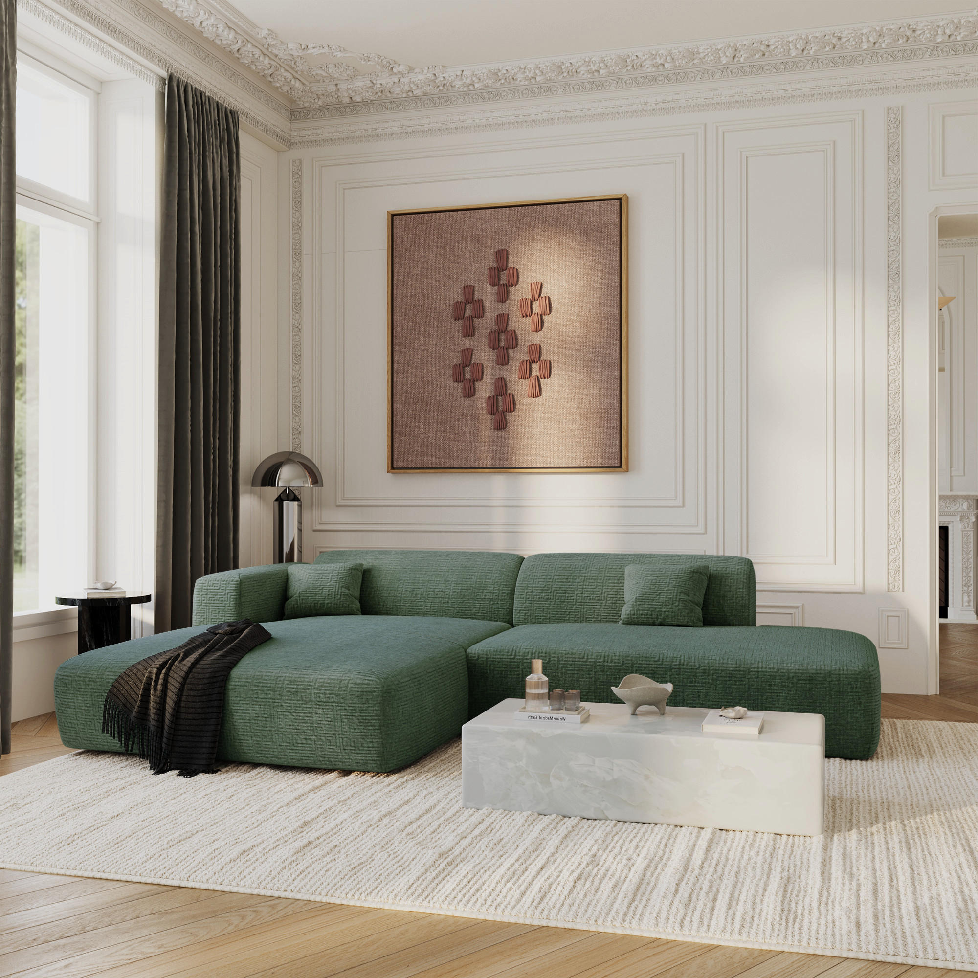 ECKSOFA LINKS Gemusterter Samt Smaragdgrün 310cm - Smaragdgrün, Textil (96/300cm) - Sia Home